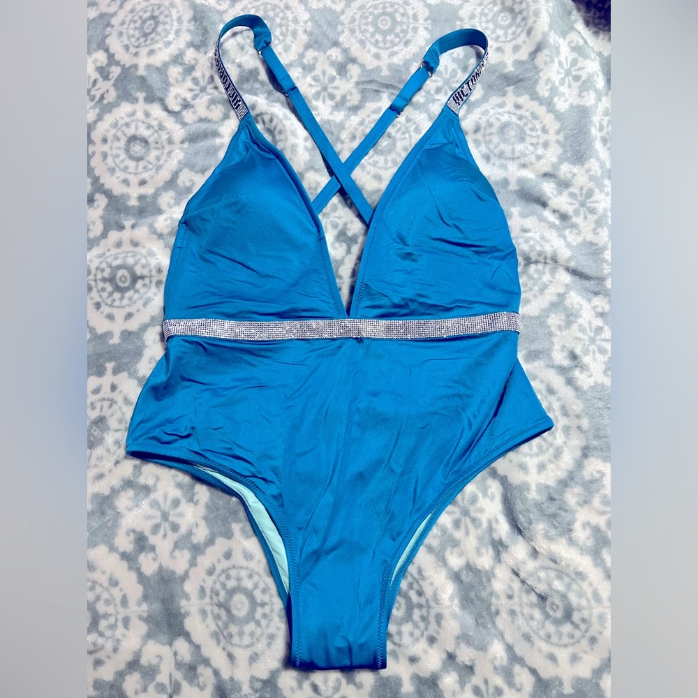 VS Shine Strap Plunge One-Piece Swimsuit Shimmer Blue Swim XL. (never worn)